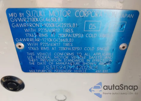 2007 Suzuki Grand Vitara Luxury from USA, damaged, VIN JS3TE947974202303